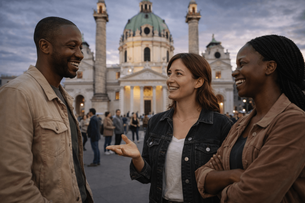 Nigeria und Österreich vor der Karlskirche